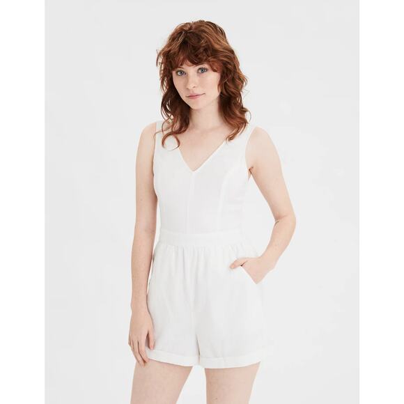 American Eagle | Women | White V-Neck Linen Blend Crossover Short Romper | Small - Picture 12 of 13